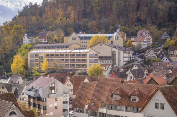 Modern building structures on a hillside with autumnal forests in the background, Calw, Black Forest, Germany