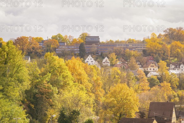 Autumn landscape with colorful foliage, modern buildings and a cloudy sky, Calw, Black Forest, Germany