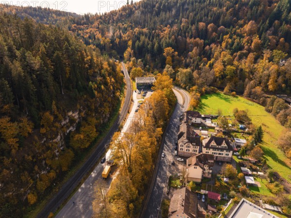 View of a road leading through a wooded landscape with buildings and green fields, Calw, Black Forest, Germany
