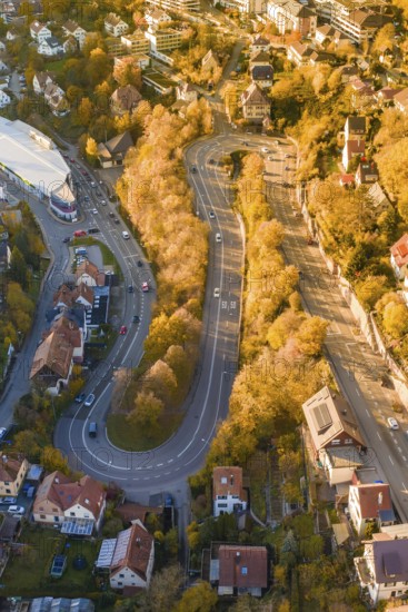 Aerial view of a winding road with autumn trees and buildings, Calw, Black Forest, Germany