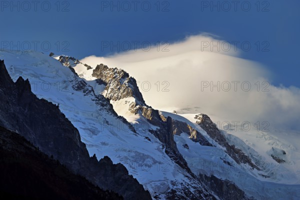 Glaciers in the evening light, in the Mont-Blanc clouds, Chamonix-Mont-Blanc, Haute-Savoie, France