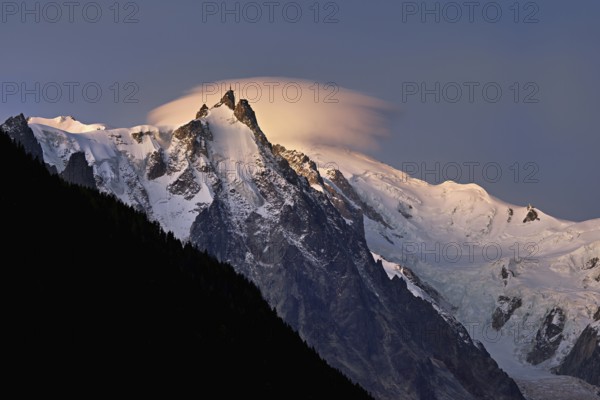 Aiguille du Midi with cloud above the summit, Mont-Blanc, Chamonix-Mont-Blanc, Haute-Savoie, France