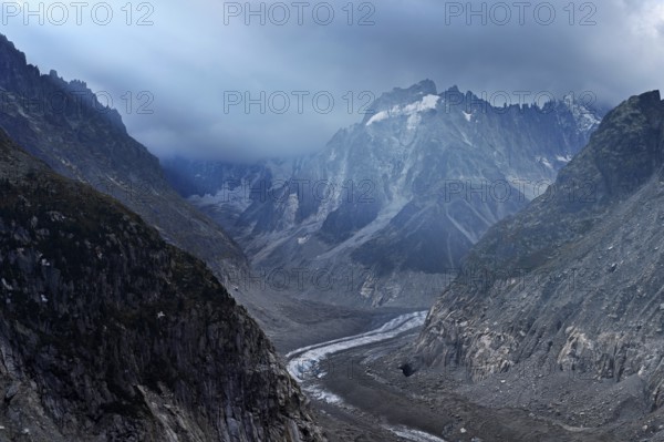 Glacier tongue of the Mer de Glace, Mont-Blanc, Chamonix-Mont-Blanc, Haute-Savoie, France