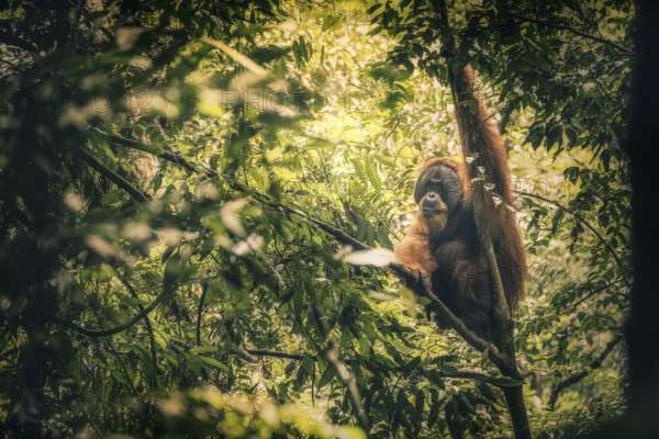 Sumatra-Gunung Leuser National Park, An orangutan sits quietly in the thick branches of the jungle and observes the surrounding area, Sumatra, Malaysia