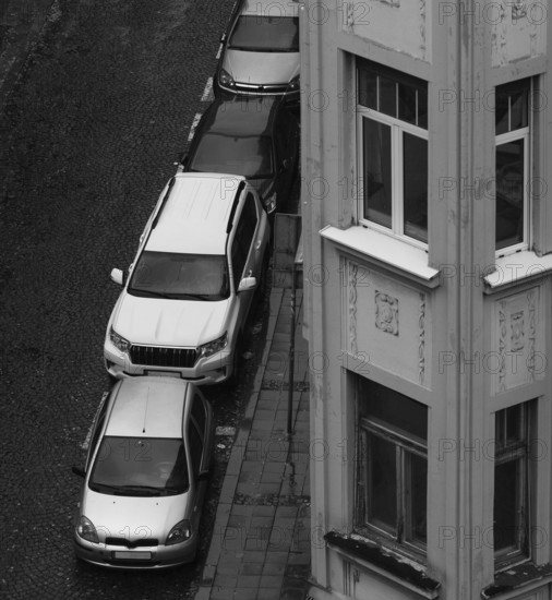Street with parked cars from above, monochrome, Belgrade, Serbia