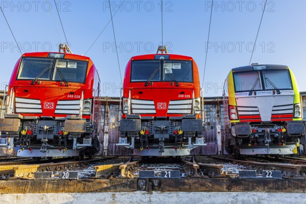 Modern locomotives of the Austrian Federal Railways, ÖBB, and Deutsche Bahn, DB, parked in front of the old lock shed, Augsburg railway park, administrative district of Swabia, Bavaria, Germany