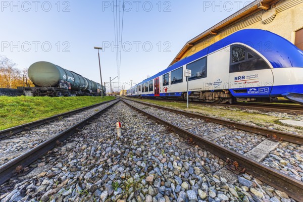 Modern Bavarian Regional Railway train, BRB, boiler wagons, parked in front of Augsburg railway park, administrative district of Swabia, Bavaria, Germany