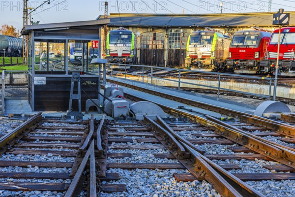 Hub, behind it modern locomotives of the Austrian Federal Railways, ÖBB, and Deutsche Bahn, DB, parked in front of the old lock shed, Augsburg railway park, administrative district of Swabia, Bavaria, Germany