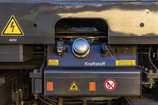 Fuel filler plug for a modern diesel locomotive, Augsburg railway park, administrative district of Swabia, Bavaria, Germany