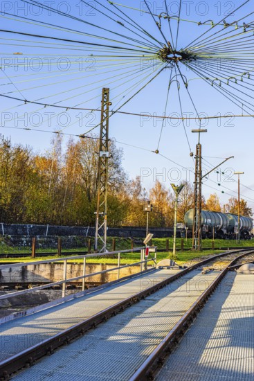 Turntable and catenary spider, Augsburg railway park, Regierungsbezirk Swabia, Bavaria, Germany