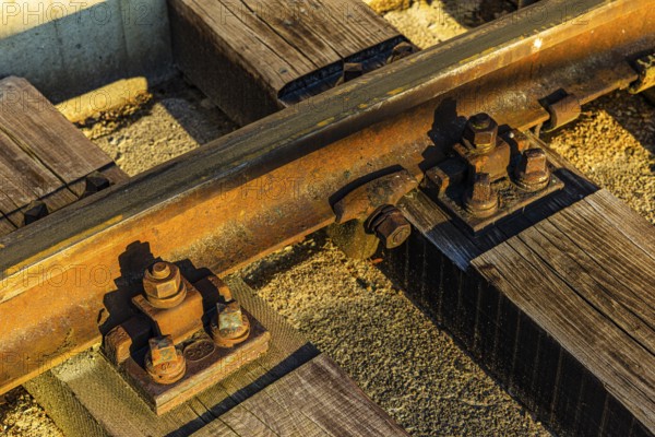 Railway track attached to oak sleepers, Augsburg railway park, administrative district of Swabia, Bavaria, Germany