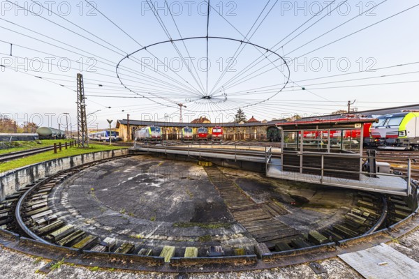 Turntable with overhead line spider, Augsburg railway park, administrative district of Swabia, Bavaria, Germany