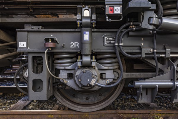 Braking system of a modern railroad locomotive, Augsburg railway park, administrative district of Swabia, Bavaria, Germany