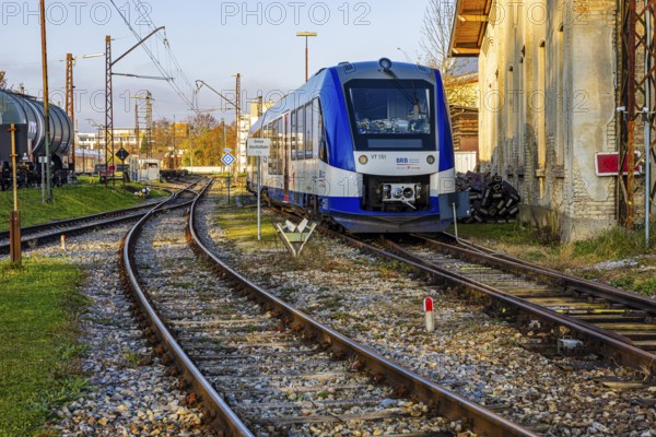 Modern Bavarian Regional Railway train, BRB, parked in front of Augsburg railway park, administrative district of Swabia, Bavaria, Germany