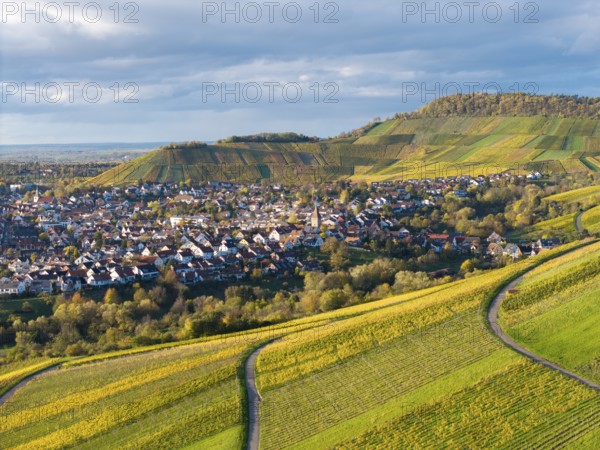 Village view with surrounding vineyards and hills under a cloudy sky, autumn, Korb-Steinreinach im Remstal, Baden-Württemberg, Germany