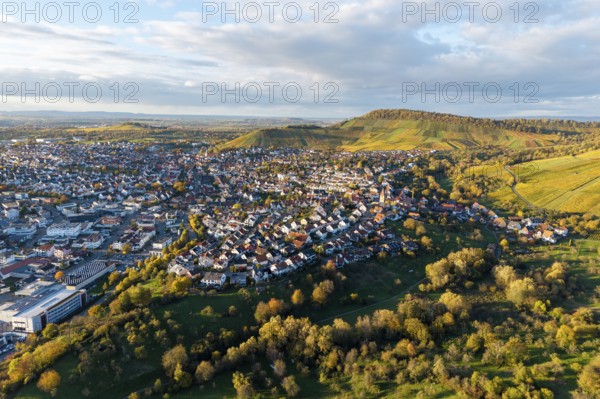 Panoramic picture of a village in evening light surrounded by hills and nature, autumn, Korb-Steinreinach im Remstal, Baden-Württemberg, Germany