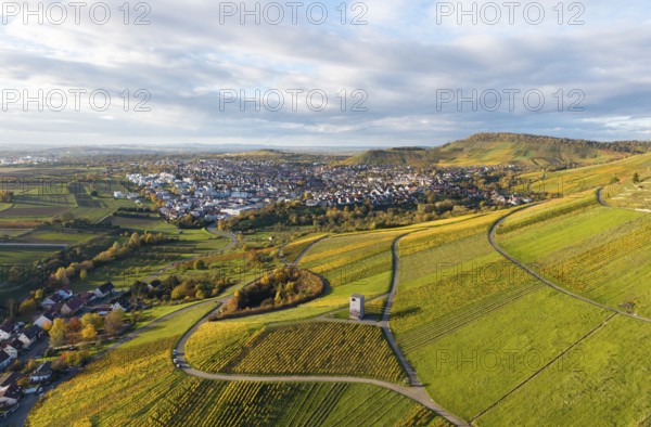 Aerial view of a village surrounded by vineyards and hills under a cloudy sky, observation tower, autumn, Korb-Steinreinach im Remstal, Baden-Württemberg, Germany
