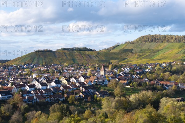 Village view with a church surrounded by vineyards and forests under a cloudy sky, autumn, Korb-Steinreinach im Remstal, Baden-Württemberg, Germany