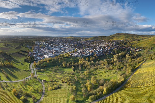 City panorama with green landscape and cloudy sky surrounded by hills, autumn, Korb-Steinreinach im Remstal, Baden-Württemberg, Germany
