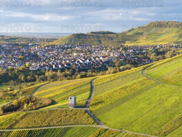 Hilly landscape with vineyards and village, highlighted by a distinctive building, observation tower, autumn, Korb-Steinreinach im Remstal, Baden-Württemberg, Germany