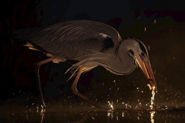 Grey heron (Ardea cinerea), heron, hunting, fishing, with white fish as prey, sunrise, night view, back light, hunting scene, shallow water zone, shore zone, reed belt, morning light, Kiskunsag National Park, Hungary