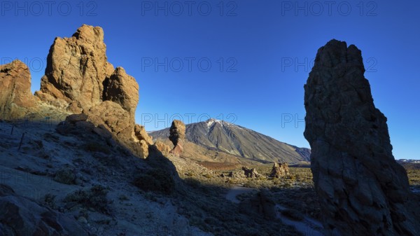 Dramatic rock formations in volcanic landscape with long shadows, UNESCO World Heritage Site, Teide National Park, Teide National Park, Tenerife, Canary Islands, Spain