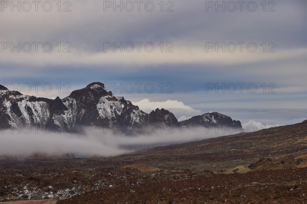 Rocks and mountain landscape with low-hanging clouds, UNESCO World Heritage Site, Teide National Park, Teide National Park, Tenerife, Canary Islands, Spain