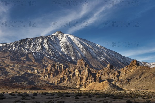 Snow-capped Teide, large mountain with illuminated shadows and deep blue sky, UNESCO World Heritage Site, Teide National Park, Teide National Park, Tenerife, Canary Islands, Spain