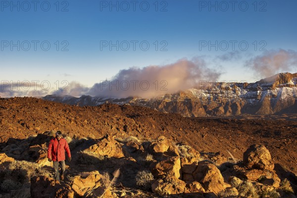 Person wearing a red jacket standing in front of a vast, sun-drenched mountain landscape, UNESCO World Heritage Site, Teide National Park, Tenerife, Canary Islands, Spain