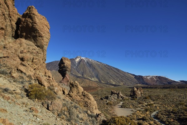 Rock formations in a dry volcanic landscape under clear sky, UNESCO World Heritage Site, Teide National Park, Teide National Park, Tenerife, Canary Islands, Spain