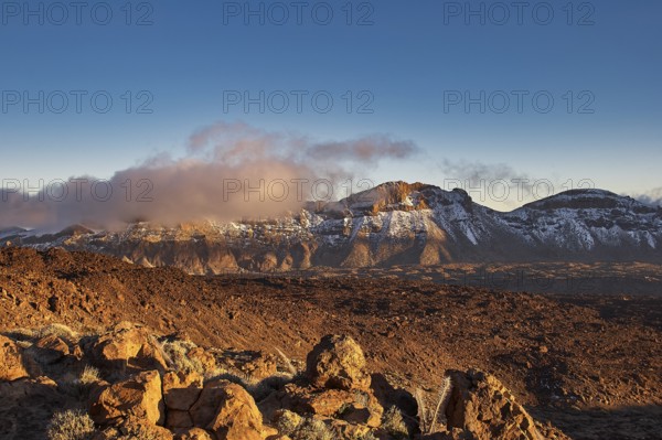 Wide mountain landscape with clouds and rugged rocks under a clear sky, UNESCO World Heritage Site, Teide National Park, Tenerife, Canary Islands, Spain