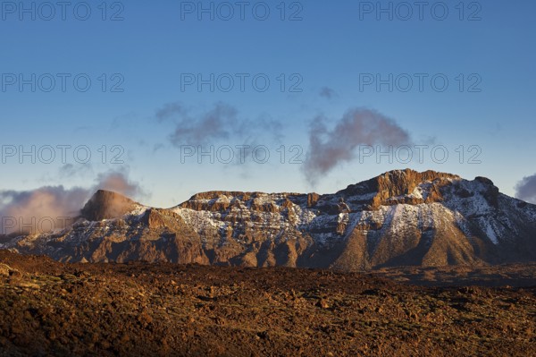 Snowy mountain range under clear blue sky with some clouds, UNESCO World Heritage Site, Teide National Park, Teide National Park, Tenerife, Canary Islands, Spain