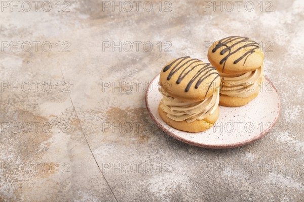 Caramel Cream Cakes on brown concrete background, side view, copy space