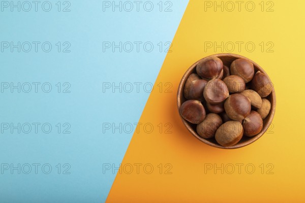 Wooden bowl with raw edible ?hestnuts on blue and orange paper pastel background, top view, flat lay, copy space, minimalism