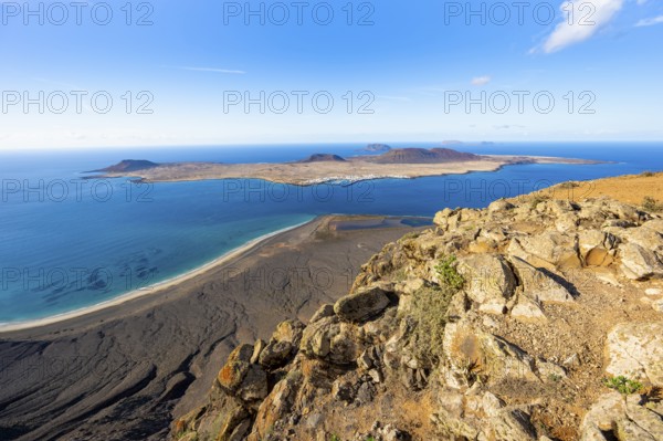 View of the sea and the island of La Graciosa, Mirador del Porrito viewpoint, Lanzarote, Canary Islands, Spain