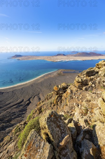 View of the sea and the island of La Graciosa, Mirador del Porrito viewpoint, Lanzarote, Canary Islands, Spain