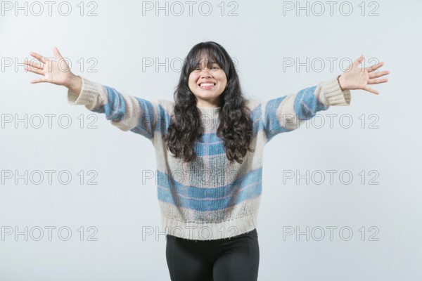 Beautiful asian woman welcoming you with open arms. Friendly asian girl welcoming with open arms isolated