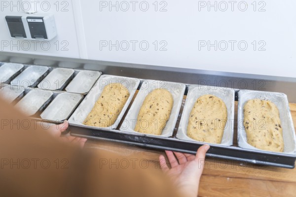 Baker prepares dough in metal box molds on a wooden board in a kitchen, Christmas baking, Haselstaller Hof, Wildberg, Germany