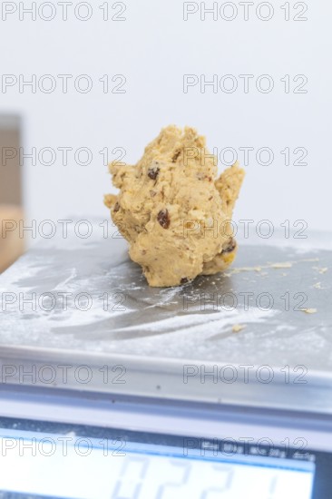 Dough with raisins on a scale in a baking environment, Christmas baking, Haselstaller Hof, Wildberg, Germany