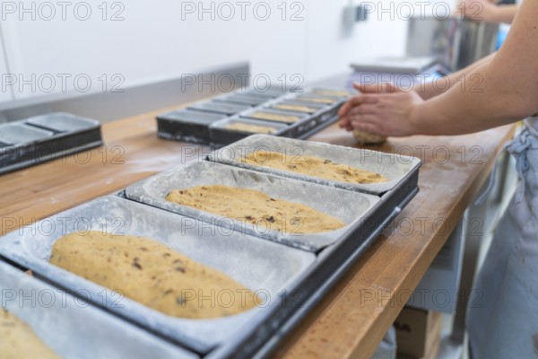 Baker forms dough into loaf pans on a kitchen work surface, Christmas baking, Haselstaller Hof, Wildberg, Germany