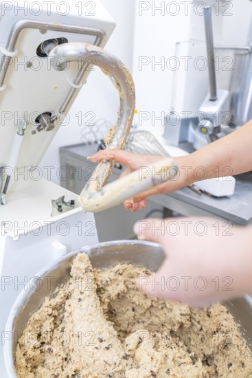 A hand grabs a mixing machine filled with dough, Christmas baking, Haselstaller Hof, Wildberg, Germany