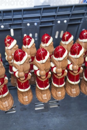 Several chocolate figures in Santa Claus shape in a storage box, Christmas baking, Haselstaller Hof, Wildberg, Germany
