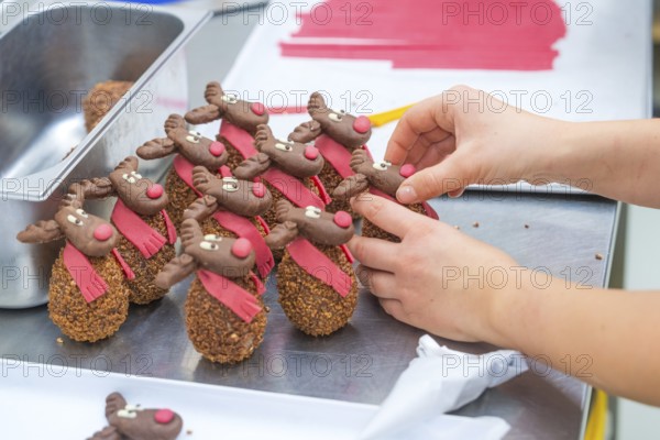 Chocolate reindeer with red scarves are decorated by hand, Christmas baking, Haselstaller Hof, Wildberg, Germany