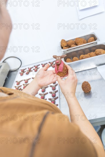 Craftsman sculpting reindeer chocolates with red details in a processing kitchen, Christmas baking, Haselstaller Hof, Wildberg, Germany