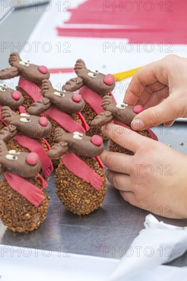Handmade and decorated chocolate reindeer with red scarf, Christmas baking, Haselstaller Hof, Wildberg, Germany