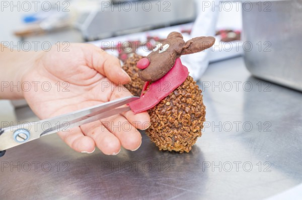 A handcrafted reindeer chocolate with a red scarf, Christmas baking, Haselstaller Hof, Wildberg, Germany