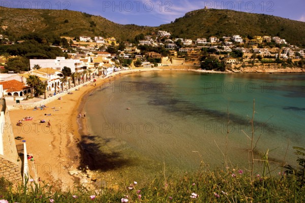 Sandy beach beach, Moraira former fishing village, pearl of the Costa Blanca Valencia, Spain