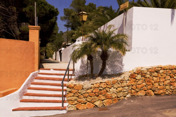 Finca, villas, bungalow, staircase, fence wall, stone wall lantern, Moraira former fishing village pearl of the Costa Blanca Valencia, Spain