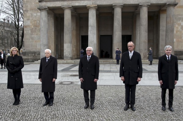 Julia Klöckner, President of the German Bundestag, H.E. Sergio Mattarella President of the Italian Republic, Federal President Frank-Walter Steinmeier, Federal Chancellor Friedrich Merz and Prof. Dr. Stephan Harbarth, President of the Federal Constitutional Court - Memorial Day Wreath laying for victims of war and tyranny, Neue Wache, Berlin, 16.11.25
