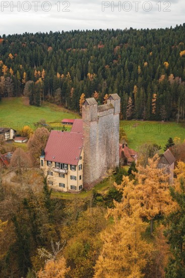 A medieval castle with red tiled roofs surrounded by thick forests in autumn, Berneck Castle, Altentsteig, Calw district, Germany